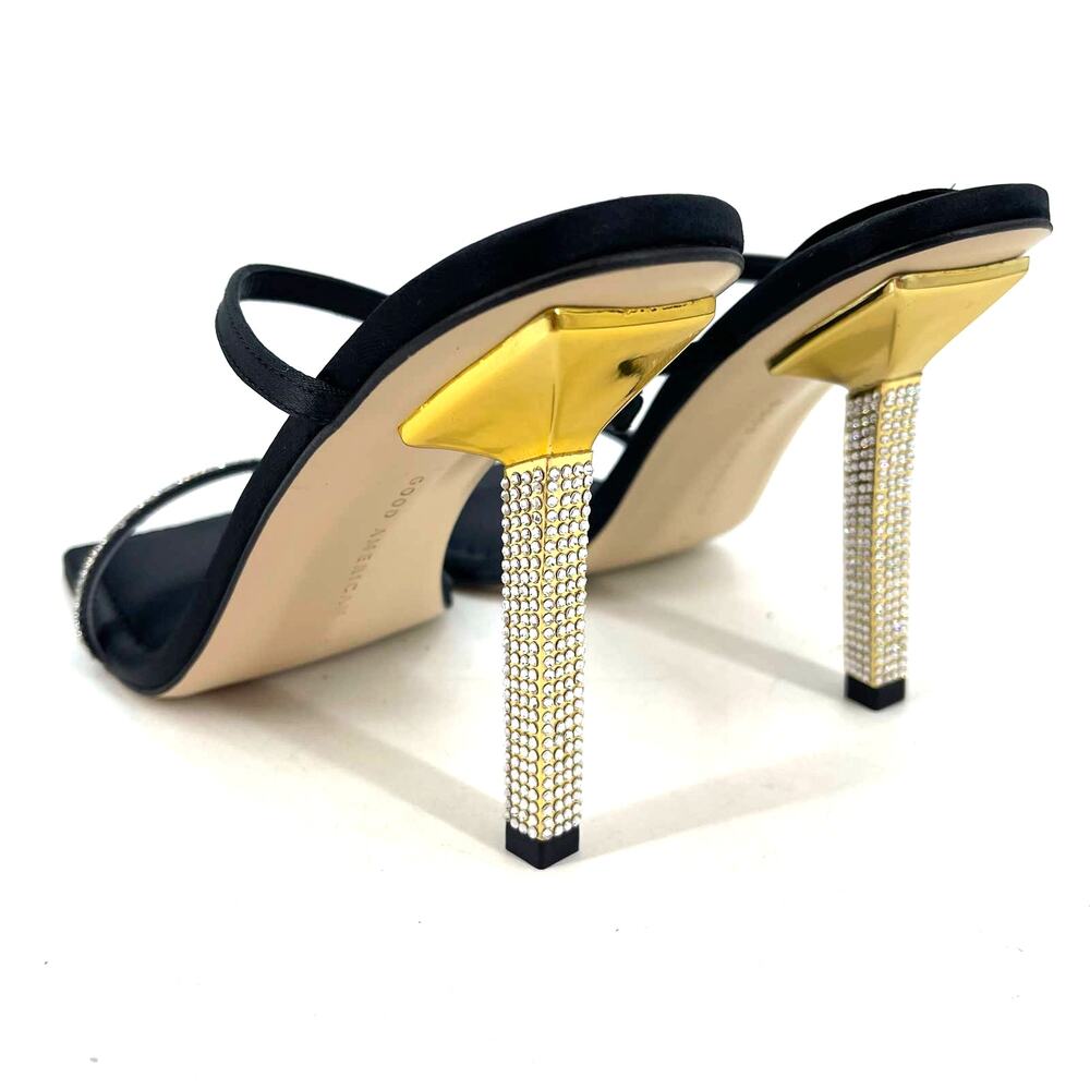 Good American Open Square Toe Rhinestone Strappy Heels Black Satin Size 9 NIB - Picture 4 of 8